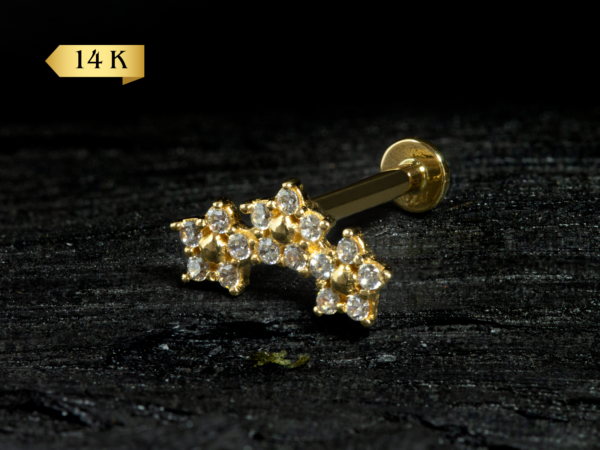 LABRET OURO 14K R/I 3 FLORES CRAVEJADAS - 1.2 X 8MM - CO239